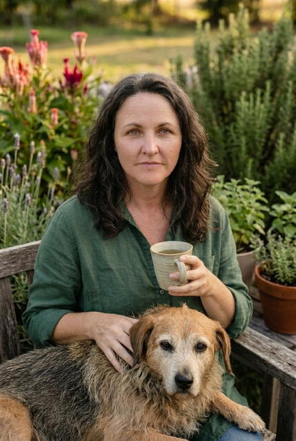 Corrina in her garden holding a mug, with her rescue dog Lolly