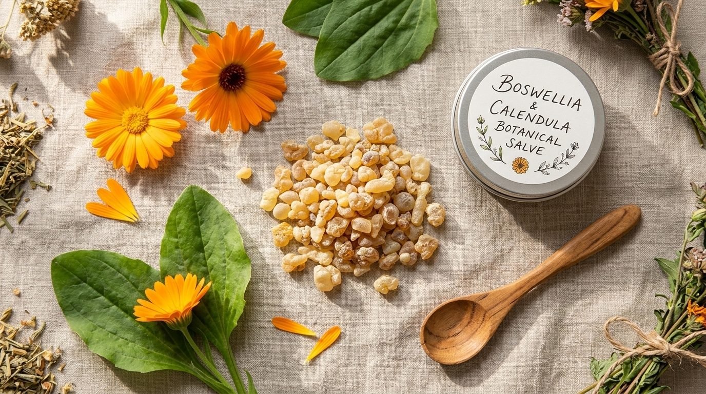 Overhead flat lay of boswellia resin, calendula flowers, and a Boswellia and Calendula botanical salve tin