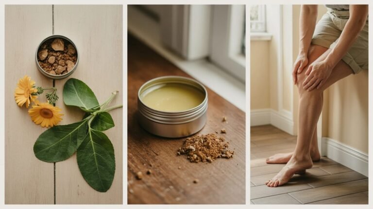 Boswellia and calendula salve with resin and a person easing a sore knee