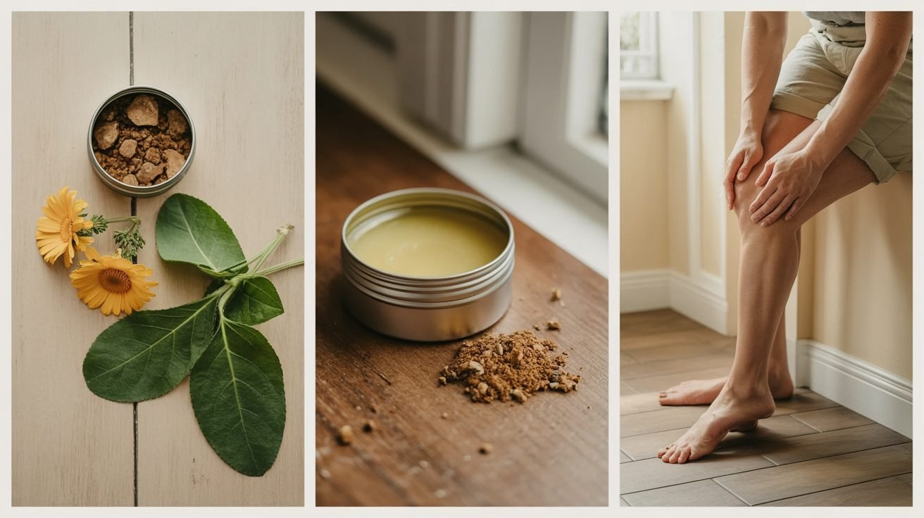 Boswellia and calendula salve with resin and a person easing a sore knee