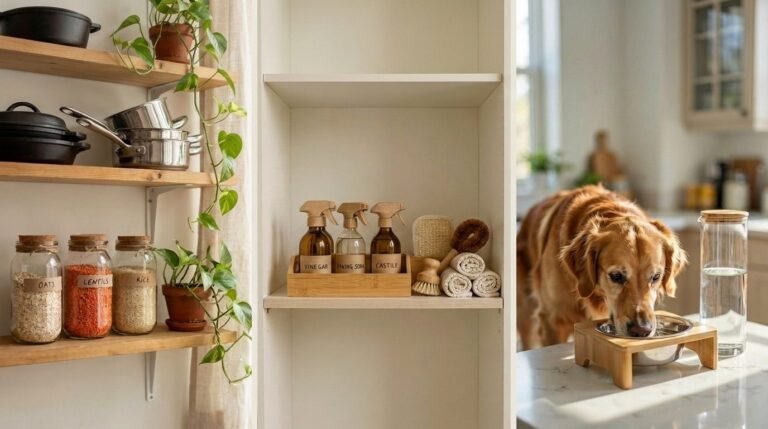 Pantry shelf with cast iron and glass jars, glass cleaning bottles, and a senior dog drinking from a raised stainless bowl
