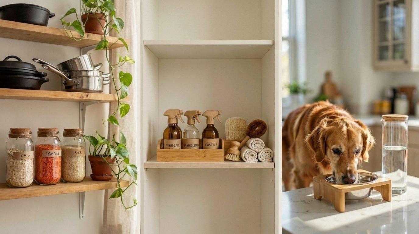Pantry shelf with cast iron and glass jars, glass cleaning bottles, and a senior dog drinking from a raised stainless bowl