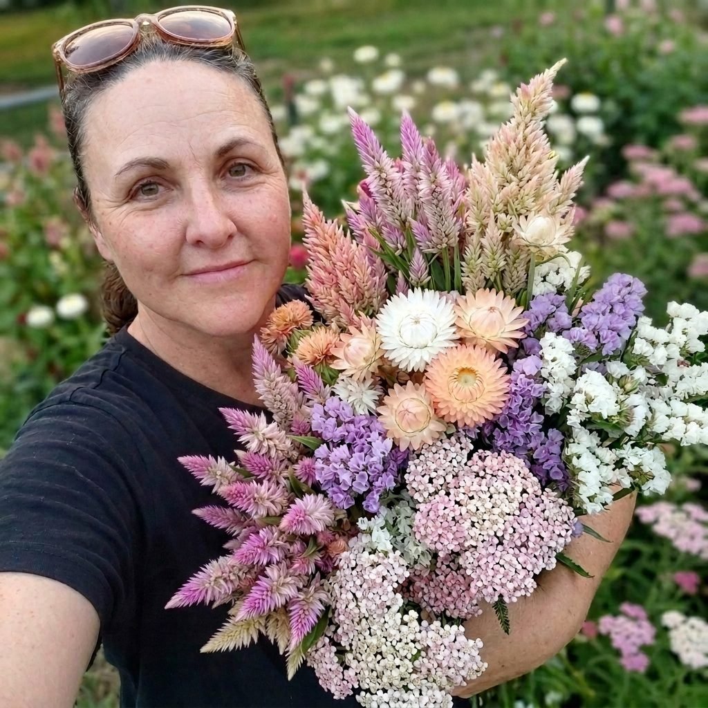 Corrina holding a bundle of dried strawflowers, celosia and statice in the flower field