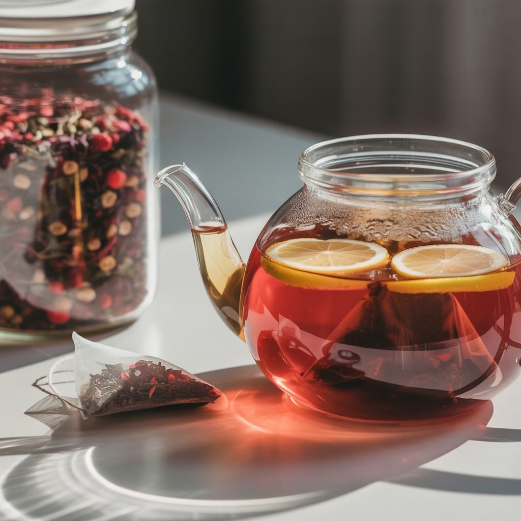 A glass teapot of herbal tea beside a jar of dried herbal tea blend
