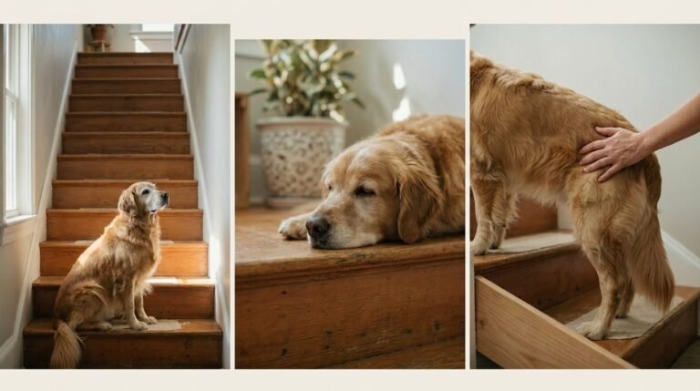 Senior dog at the stairs, resting, and using a ramp with a supporting hand