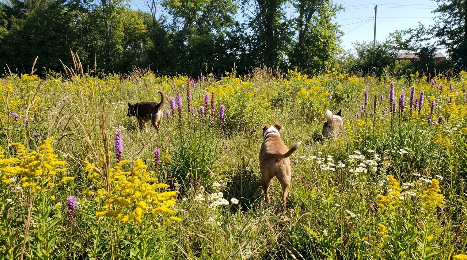 Wildflower meadow with goldenrod, blazing star, and dogs at Heartland Botanicals in rural Missouri